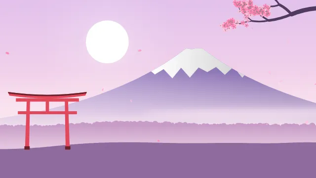 Fond d'écran paysage d’inspiration japonaise : volcan enneigé, grand soleil, portique torii et branche de cerisier en fleurs, teintes sakura