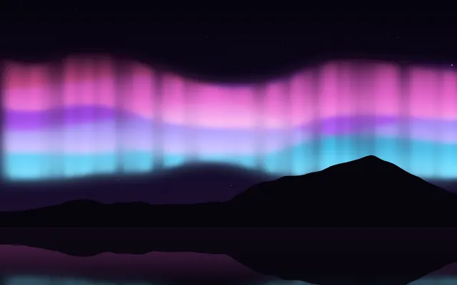 Fond d'écran aurore boréale au-dessus d’un lac et de montagnes, teintes rose polaire