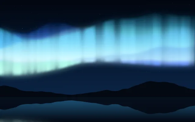Fond d'écran aurore boréale au-dessus d’un lac et de montagnes, teintes bleu glacier