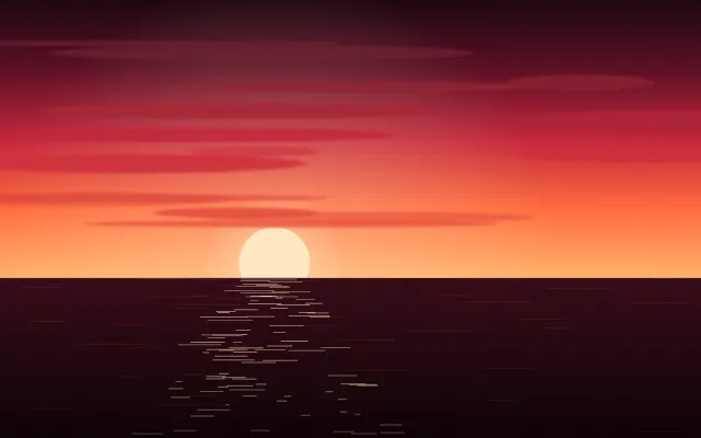 Fond d'écran coucher de soleil sur la mer avec reflets sur l’eau, teintes rouge