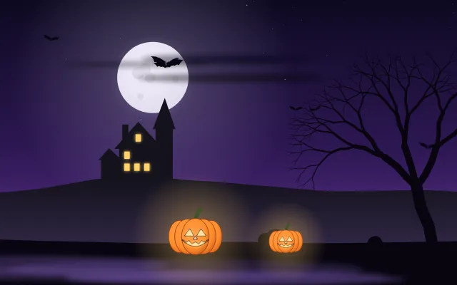 Fond d'écran nuit d’Halloween : pleine lune, chauves-souris, maison hantée, arbre nu et citrouilles, teintes nuit violette