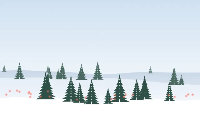 Fond d'écran paysage d’hiver enneigé avec sapins et guirlandes lumineuses, teintes matin enneigé