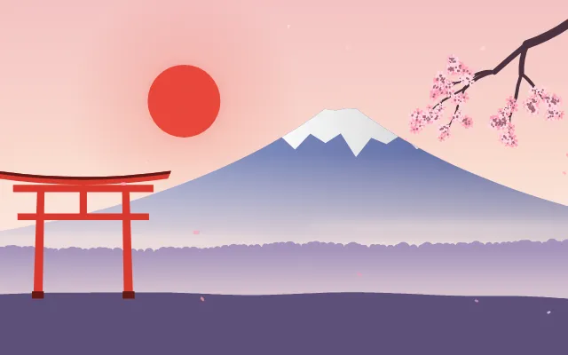 Fond d'écran paysage d’inspiration japonaise : volcan enneigé, grand soleil, portique torii et branche de cerisier en fleurs, teintes aube rose