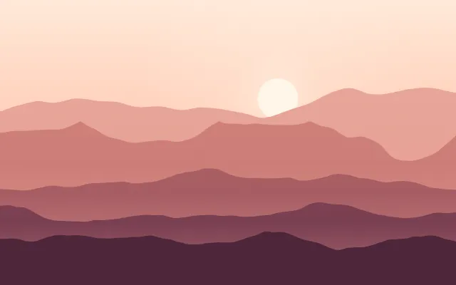 Fond d'écran chaînes de montagnes en couches dans la brume, soleil bas, teintes désert rose