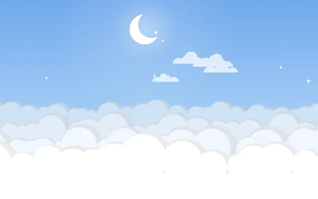 Fond d'écran mer de nuages pastel, croissant de lune et petites étoiles, teintes ciel bleu