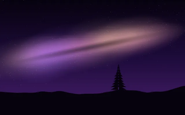 Fond d'écran ciel étoilé et voie lactée au-dessus d’une colline avec un sapin, teintes violet