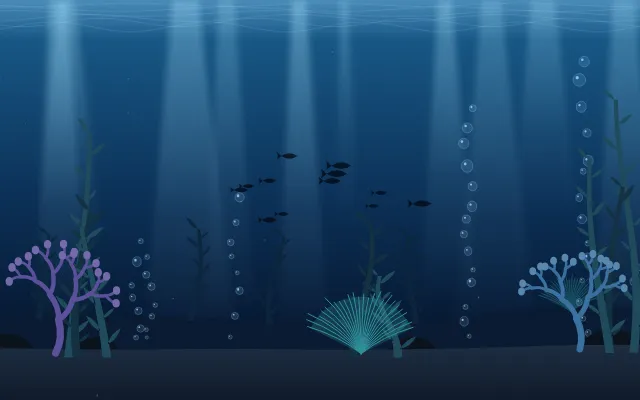 Fond d'écran fond marin : rayons de lumière, bulles, coraux, algues et banc de poissons, teintes abysses