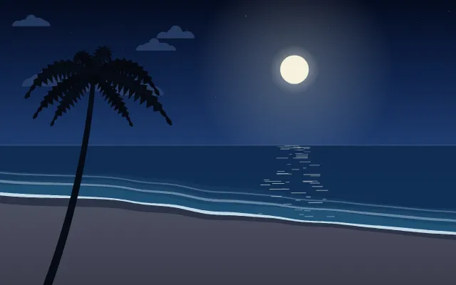 Fond d'écran plage tropicale : mer turquoise, écume, sable et palmiers, teintes nuit tropicale