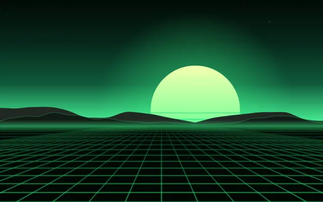 Fond d'écran soleil rétro rayé et grille néon à l’horizon, style synthwave, teintes acide