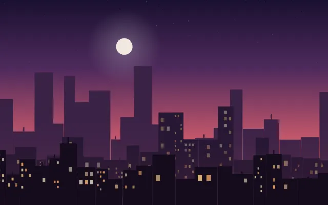 Fond d'écran silhouette de ville la nuit, fenêtres éclairées, teintes crépuscule