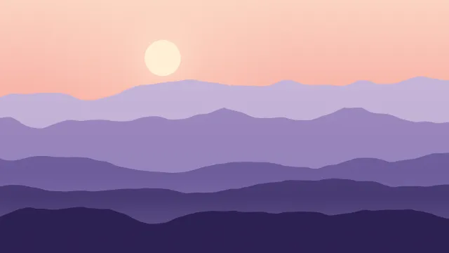 Fond d'écran chaînes de montagnes en couches dans la brume, soleil bas, teintes aube