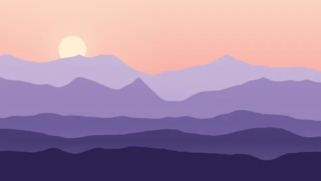 Fond d'écran chaînes de montagnes en couches dans la brume, soleil bas, teintes aube