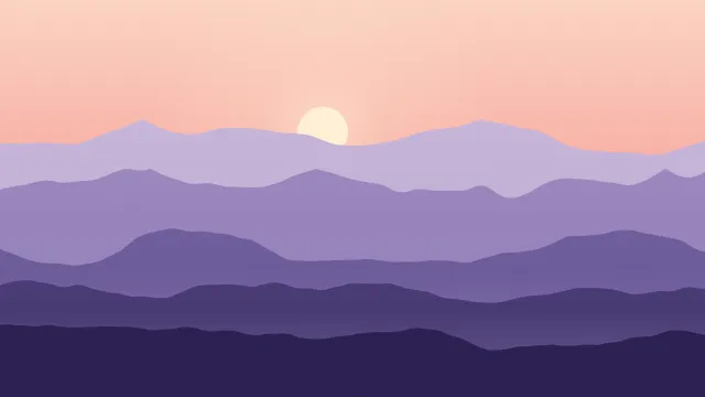 Fond d'écran chaînes de montagnes en couches dans la brume, soleil bas, teintes aube