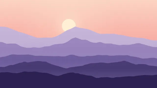 Fond d'écran chaînes de montagnes en couches dans la brume, soleil bas, teintes aube