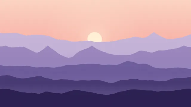 Fond d'écran chaînes de montagnes en couches dans la brume, soleil bas, teintes aube