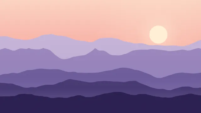 Fond d'écran chaînes de montagnes en couches dans la brume, soleil bas, teintes aube
