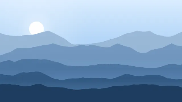 Fond d'écran chaînes de montagnes en couches dans la brume, soleil bas, teintes bleu alpin