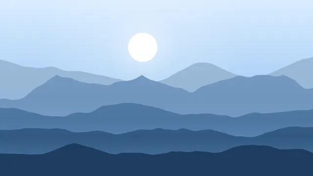 Fond d'écran chaînes de montagnes en couches dans la brume, soleil bas, teintes bleu alpin