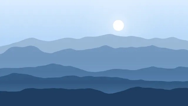 Fond d'écran chaînes de montagnes en couches dans la brume, soleil bas, teintes bleu alpin