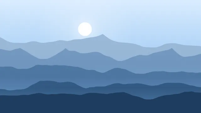 Fond d'écran chaînes de montagnes en couches dans la brume, soleil bas, teintes bleu alpin