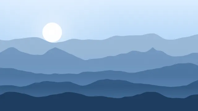 Fond d'écran chaînes de montagnes en couches dans la brume, soleil bas, teintes bleu alpin