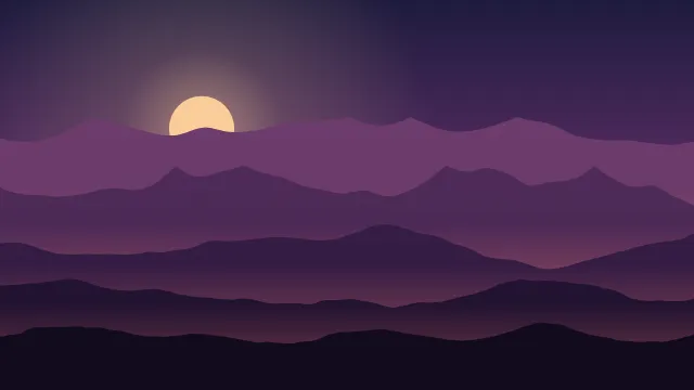 Fond d'écran chaînes de montagnes en couches dans la brume, soleil bas, teintes crépuscule
