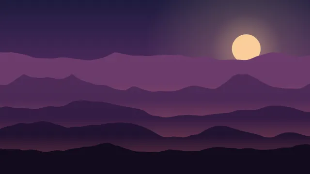 Fond d'écran chaînes de montagnes en couches dans la brume, soleil bas, teintes crépuscule
