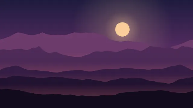 Fond d'écran chaînes de montagnes en couches dans la brume, soleil bas, teintes crépuscule