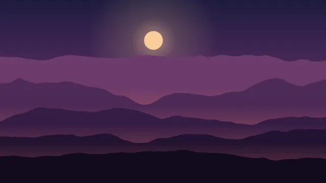 Fond d'écran chaînes de montagnes en couches dans la brume, soleil bas, teintes crépuscule