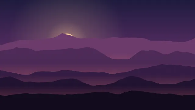Fond d'écran chaînes de montagnes en couches dans la brume, soleil bas, teintes crépuscule