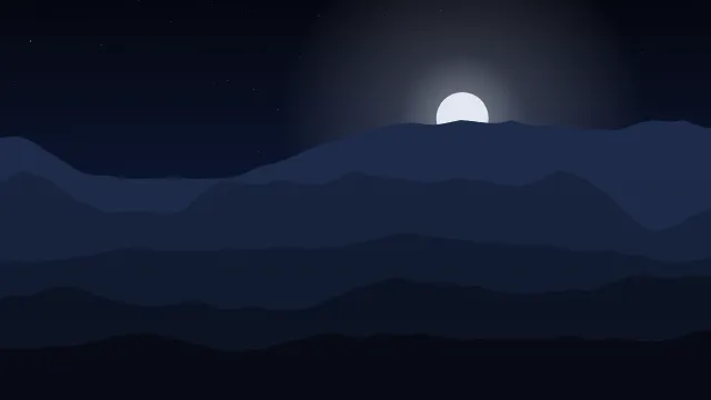 Fond d'écran chaînes de montagnes en couches dans la brume, soleil bas, teintes nuit