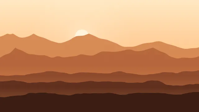 Fond d'écran chaînes de montagnes en couches dans la brume, soleil bas, teintes automne