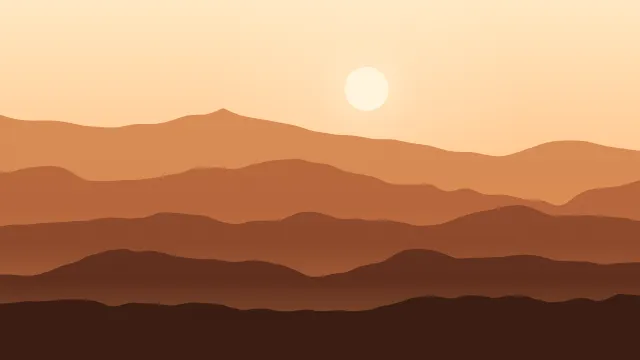 Fond d'écran chaînes de montagnes en couches dans la brume, soleil bas, teintes automne