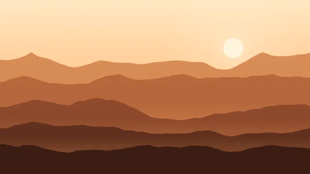 Fond d'écran chaînes de montagnes en couches dans la brume, soleil bas, teintes automne