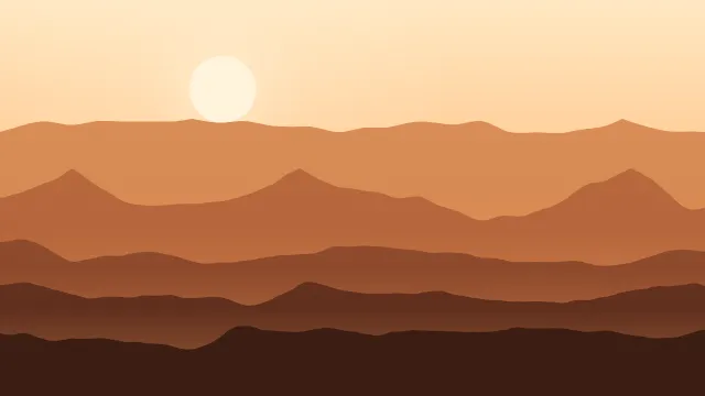 Fond d'écran chaînes de montagnes en couches dans la brume, soleil bas, teintes automne