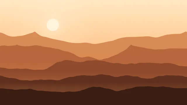 Fond d'écran chaînes de montagnes en couches dans la brume, soleil bas, teintes automne