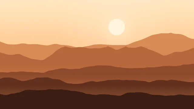 Fond d'écran chaînes de montagnes en couches dans la brume, soleil bas, teintes automne