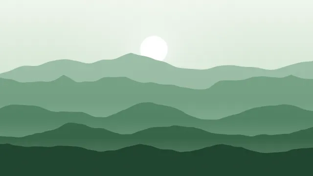 Fond d'écran chaînes de montagnes en couches dans la brume, soleil bas, teintes brume verte