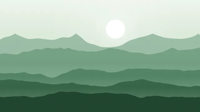 Fond d'écran chaînes de montagnes en couches dans la brume, soleil bas, teintes brume verte