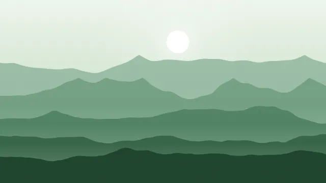 Fond d'écran chaînes de montagnes en couches dans la brume, soleil bas, teintes brume verte
