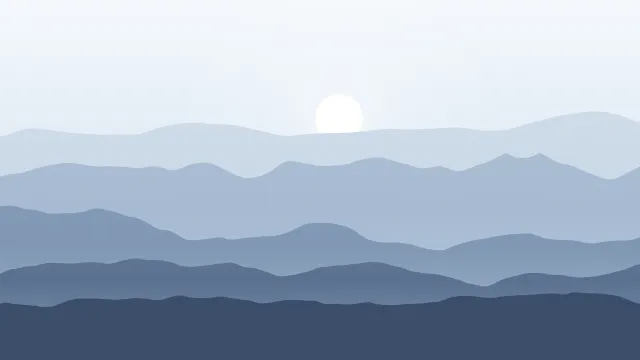 Fond d'écran chaînes de montagnes en couches dans la brume, soleil bas, teintes hiver