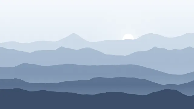 Fond d'écran chaînes de montagnes en couches dans la brume, soleil bas, teintes hiver
