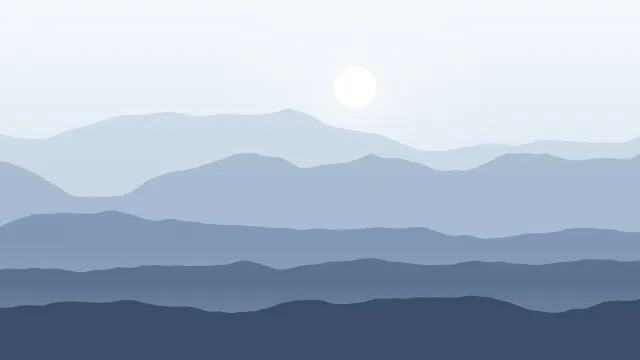 Fond d'écran chaînes de montagnes en couches dans la brume, soleil bas, teintes hiver