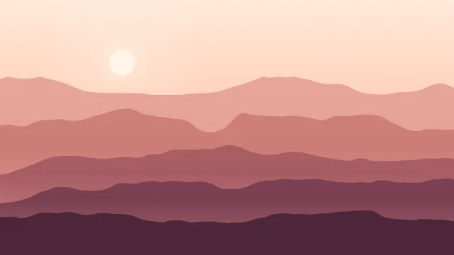 Fond d'écran chaînes de montagnes en couches dans la brume, soleil bas, teintes désert rose