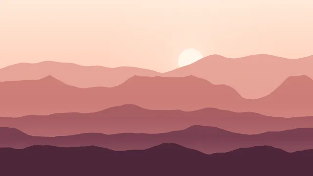 Fond d'écran chaînes de montagnes en couches dans la brume, soleil bas, teintes désert rose