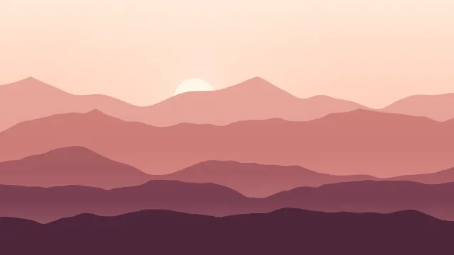 Fond d'écran chaînes de montagnes en couches dans la brume, soleil bas, teintes désert rose