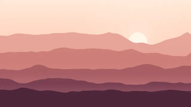 Fond d'écran chaînes de montagnes en couches dans la brume, soleil bas, teintes désert rose