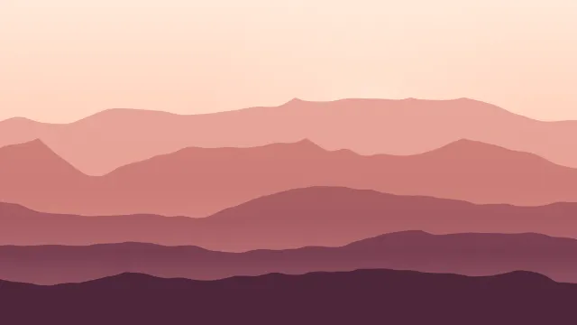 Fond d'écran chaînes de montagnes en couches dans la brume, soleil bas, teintes désert rose