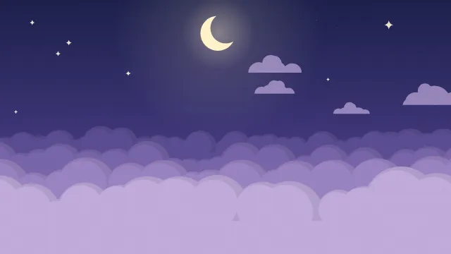 Fond d'écran mer de nuages pastel, croissant de lune et petites étoiles, teintes nuit pastel