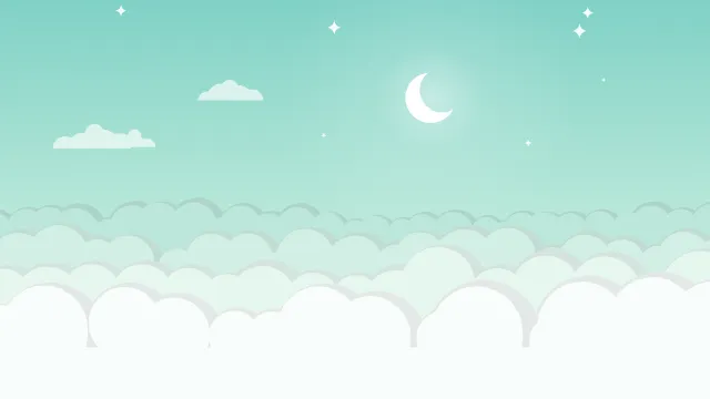 Fond d'écran mer de nuages pastel, croissant de lune et petites étoiles, teintes menthe
